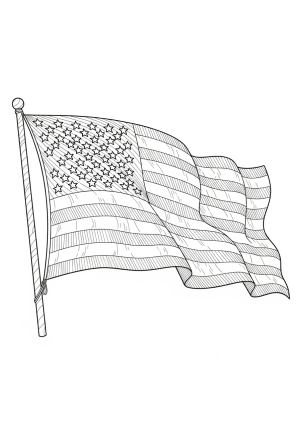 A detailed illustration of the American flag waving proudly in the wind with intricate line work for coloring