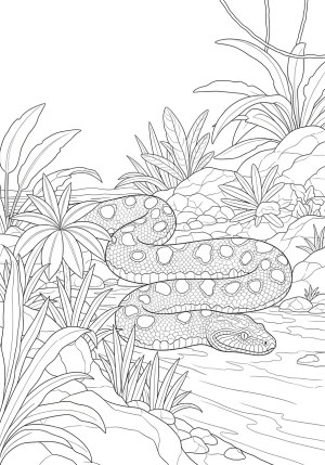 An intricate scene of an anaconda slithering through a riverbank with dense tropical plants and rocks, emphasizing its sinuous form and scale patterns.