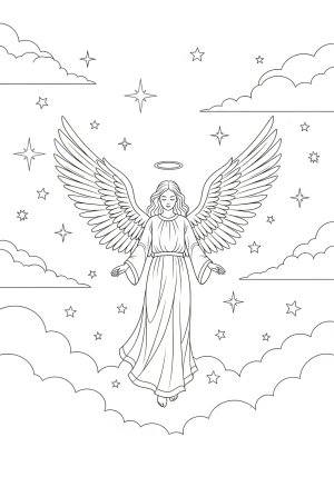 A serene angel with flowing robes and large graceful wings standing amidst stars and clouds