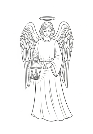 An angel gently holding a luminescent lantern with intricate feather details on the wings and a peaceful expression