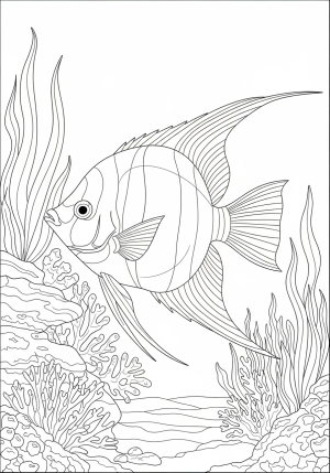 A detailed angelfish swimming gracefully among coral reefs and seaweed with flowing fins and intricate scales