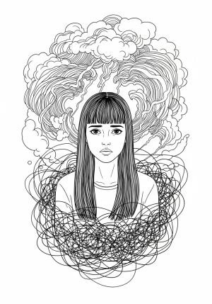 A detailed illustration of an anxious person surrounded by swirling storm clouds and tangled thoughts, symbolizing inner turmoil.