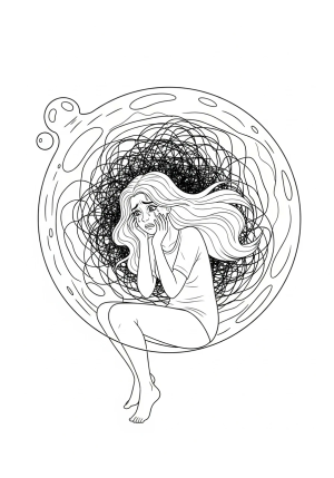 An expressive depiction of a character inside a bubble filled with chaotic emotions and restless energy, representing anxiety within.
