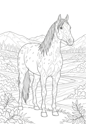 A detailed line drawing of a spirited Appaloosa horse standing proud with a lush landscape in the background