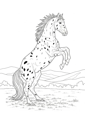 An elegant Appaloosa horse rearing gracefully on a grassy field with rolling hills behind it