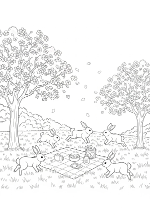 A charming outdoor scene with blooming cherry blossom trees, a picnic blanket, and playful rabbits enjoying the spring weather