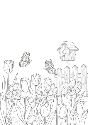 A whimsical depiction of a garden filled with tulips, daffodils, butterflies fluttering around, and a decorative birdhouse on a fence