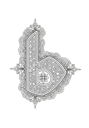 An intricate, decorative Arabic letter with traditional geometric patterns and floral motifs surrounding it