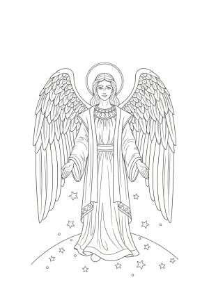 An elegant archangel with serene expression, dressed in intricate robes, with large feathered wings spread wide, standing atop a celestial landscape with stars and a halo overhead.