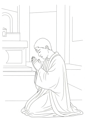 A person kneeling in prayer with ashes smudged on their forehead, set against a simple background of a church interior.