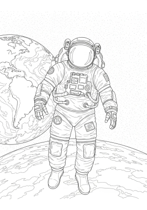 A detailed astronaut floating in space with Earth visible in the background, wearing a space suit with various patches and a helmet with a reflective visor