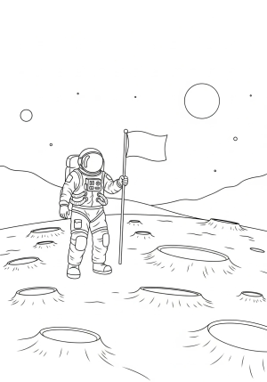 An astronaut exploring the surface of the moon, with craters and distant planets in the background, holding a flag and wearing a bulky space suit