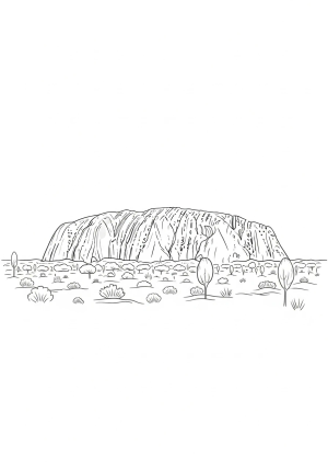 A scenic scene of Uluru (Ayers Rock) surrounded by desert landscape with sparse vegetation and a clear sky above.