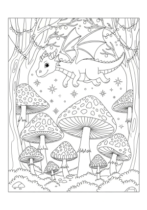 A whimsical scene of a friendly dragon flying over a magical forest filled with towering mushrooms and sparkling fairy lights