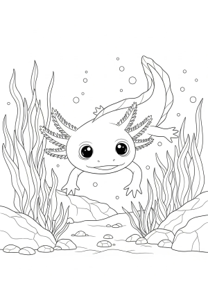 A cute axolotl with large eyes swimming among aquatic plants and rocks in a detailed underwater scene
