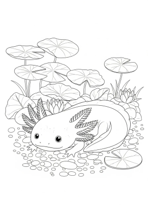 An adorable axolotl with feathery gills resting on a riverbed with pebbles, surrounded by lily pads and floating leaves