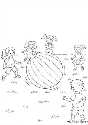 A playful scene featuring a big round ball bouncing across a grassy field with children nearby enjoying the game