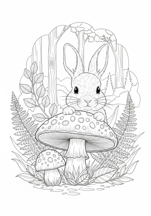A baby bunny peeking out from behind a mushroom with intricate woodland elements and a serene background