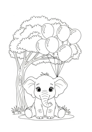A cute baby elephant sitting under a leafy tree with balloons floating above
