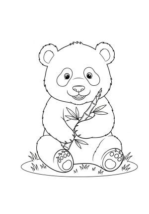 A smiling baby panda holding a bamboo shoot while sitting on a patch of grass