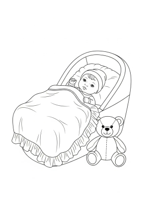 A cute baby doll sitting in a cozy cradle with a ruffled blanket and a plush teddy bear nearby