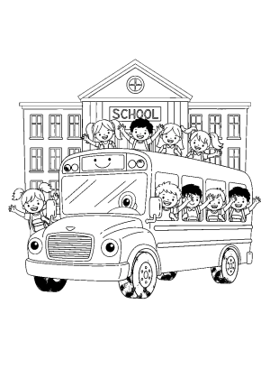 A cheerful school bus parked in front of a school building with children carrying backpacks and waving hello
