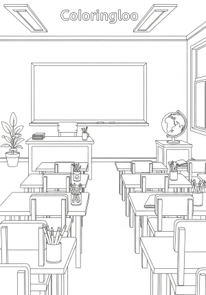A cozy classroom scene with a chalkboard, desks, chairs, and a globe, ready for a new school day
