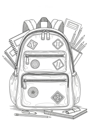 A detailed line drawing of a backpack with various pockets, zippers, and decorative patches, surrounded by school supplies like pencils and notebooks.