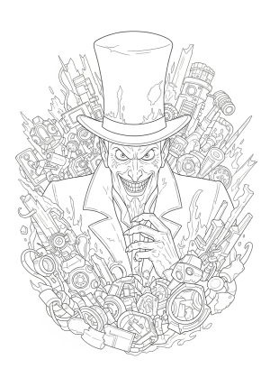 An evil mastermind with a top hat, menacing expression, and robotic gadgets, surrounded by chaos and broken machinery