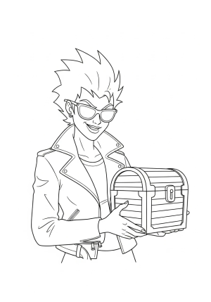 A sly and sneaky baddie with spiky hair, wearing a leather jacket and sunglasses, holding a treasure chest with a mischievous grin on her face