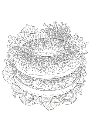 A detailed illustration of a bagel with various toppings such as sesame seeds, poppy seeds, and a generous spread of cream cheese, surrounded by fresh vegetables and herbs