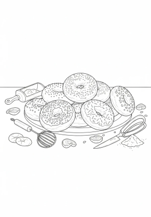 A whimsical scene featuring a pile of bagels with different textures and toppings, stacked playfully in a cozy bakery setting with baking utensils and flour nearby