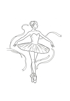 A graceful ballerina performing an elegant pirouette across a stage with flowing ribbons around her, standing tall in a tutu and pointe shoes