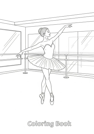 A joyful ballerina practicing dance moves in a studio, with mirrors and ballet barres in the background, dressed in a tutu and fitted bodice