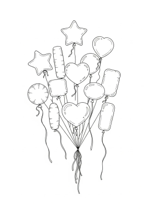 A bunch of various shaped balloons floating in the sky with ribbons trailing beneath them.