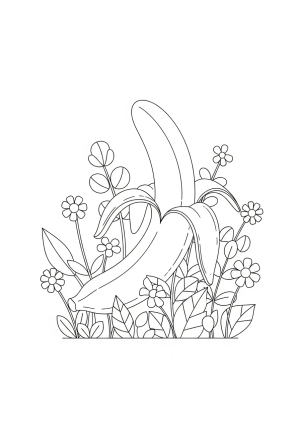 A single banana peeled halfway open, surrounded by small flowers and leaves in a whimsical garden scene