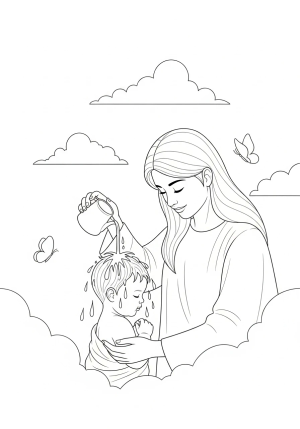 A peaceful scene of a baby being baptized with a gentle stream of water poured over their head by a caring adult, surrounded by soft clouds and delicate butterflies