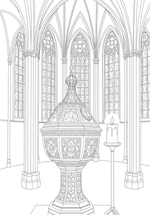 An elegant baptismal font with intricate details and a lit candle beside it, set in a serene church interior with tall arches and stained glass windows
