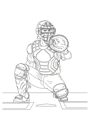 A detailed illustration of a baseball catcher crouching behind the home plate with a mitt ready to catch a pitch.
