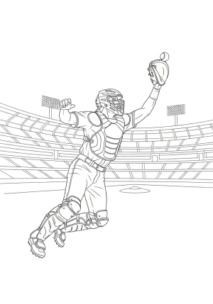 A dynamic scene of a baseball catcher jumping to catch a high ball near the catcher's gear and a stadium background.