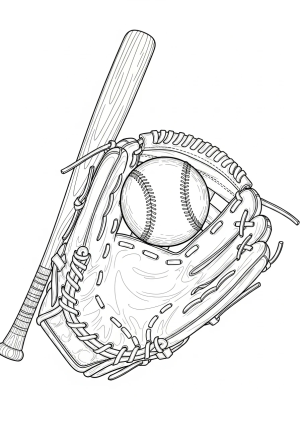 A detailed illustration of a baseball glove catching a ball mid-air with a baseball bat leaning against it in the background
