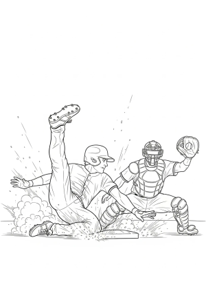An action scene of a baseball player sliding into a base with dirt flying up around them and a catcher ready to catch the ball
