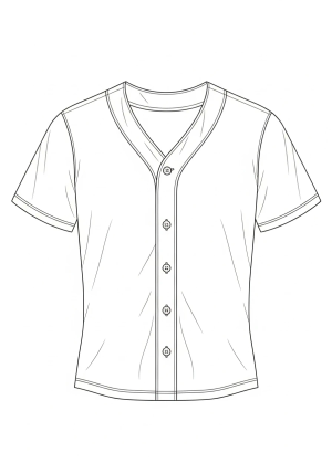 A detailed illustration of a classic baseball jersey with buttons, short sleeves, and a V-neck collar, displayed flat.