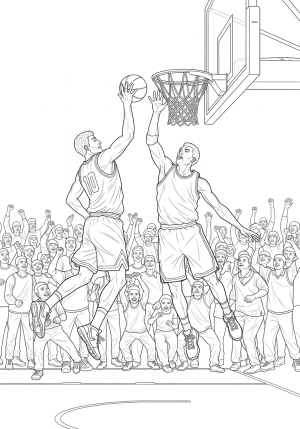 A detailed illustration of a dynamic basketball slam dunk with players in action and a cheering crowd in the background