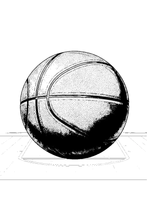 A realistic close-up of a classic basketball with intricate textures and patterns, resting on a court floor