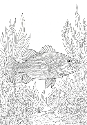 An intricate illustration of a detailed bass fish swimming among aquatic plants and coral formations.