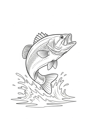 A dynamic scene of a bass fish leaping out of the water with splashes and waves in the background.