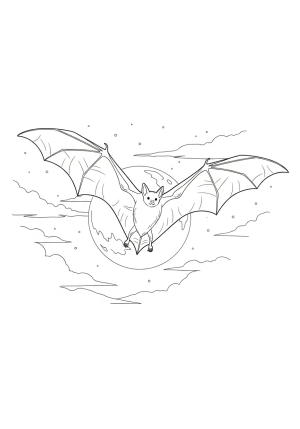 A detailed illustration of a flying bat with outstretched wings swooping over a full moon in a nighttime sky.
