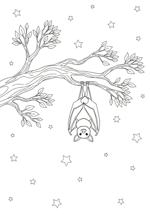 A whimsical scene of a bat hanging upside down from a tree branch with a starry night background.