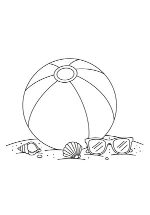 A playful beach ball with bold, curved stripes resting on a sandy shore next to a pair of sunglasses and seashells